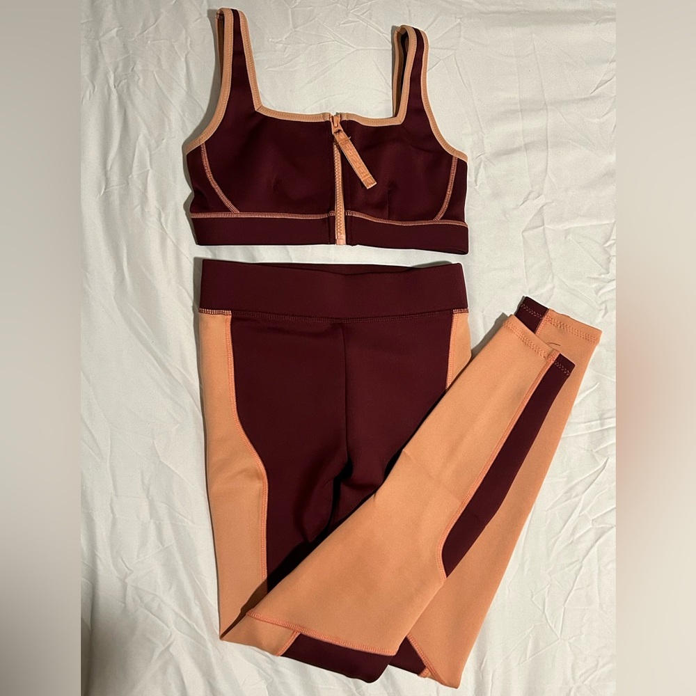 Fabletics Wine Purple and Coral Pink Sports Bra & Leggings Set in XS
